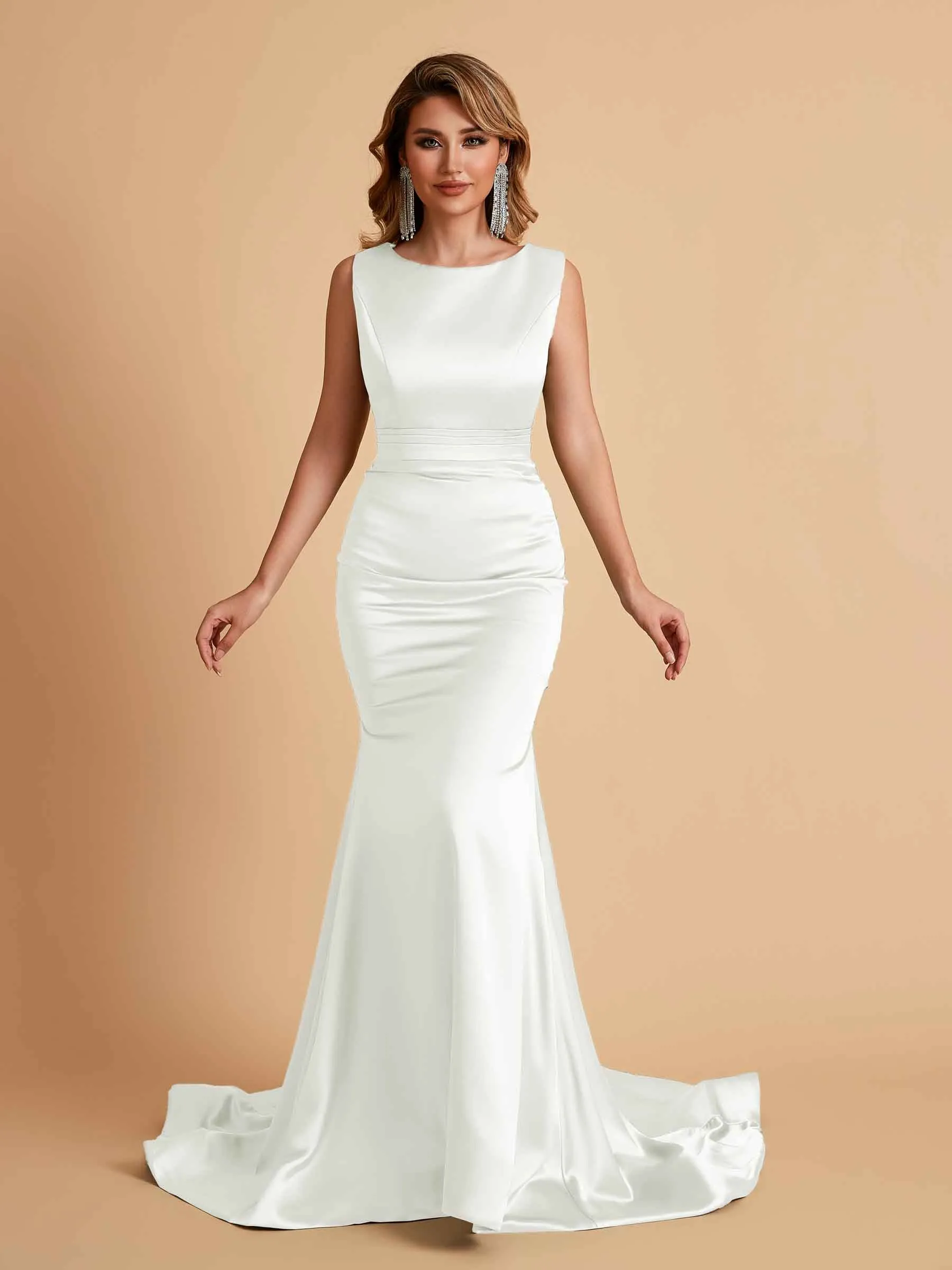 Elegant Satin Sleeveless Pleats Mermaid Bridesmaid Dresses Floor Length