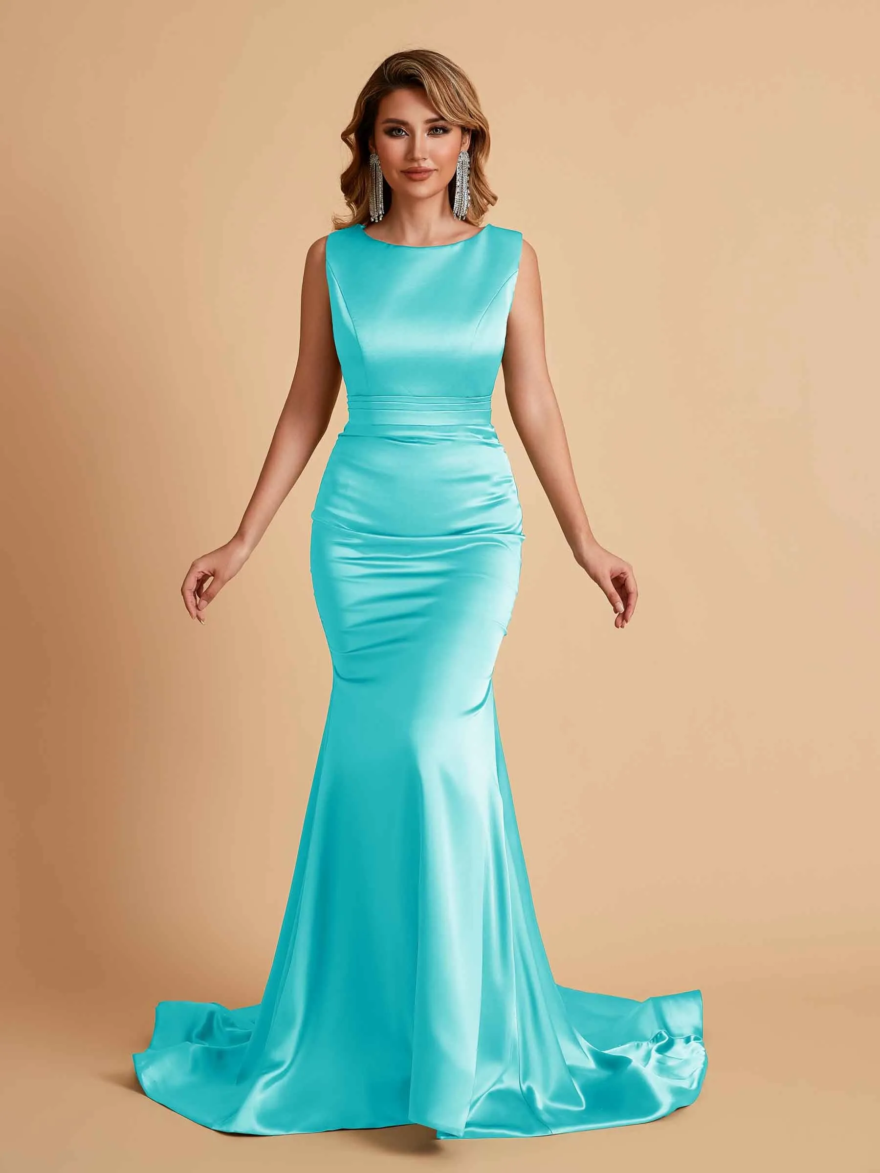 Elegant Satin Sleeveless Pleats Mermaid Bridesmaid Dresses Floor Length