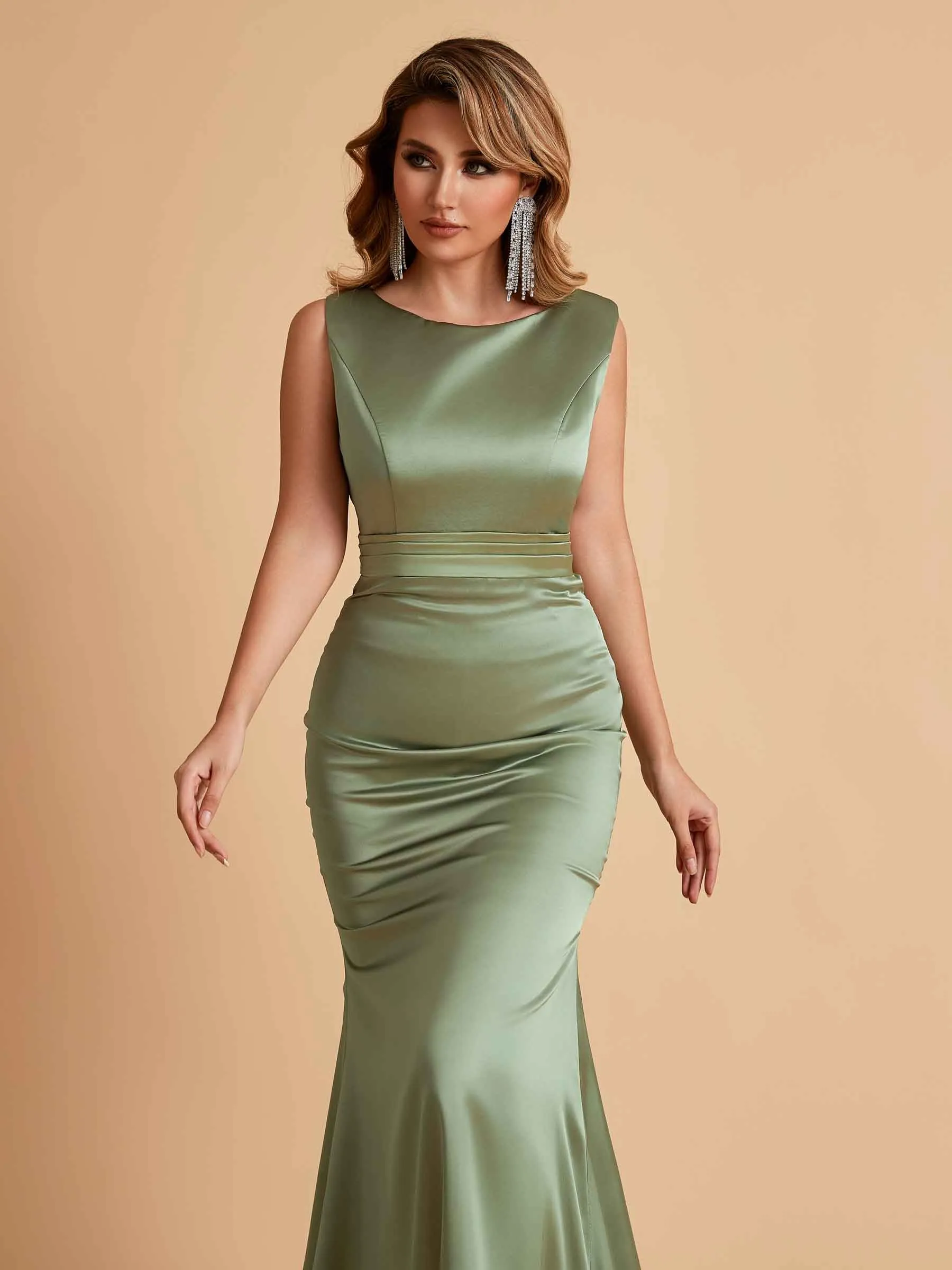 Elegant Satin Sleeveless Pleats Mermaid Bridesmaid Dresses Floor Length