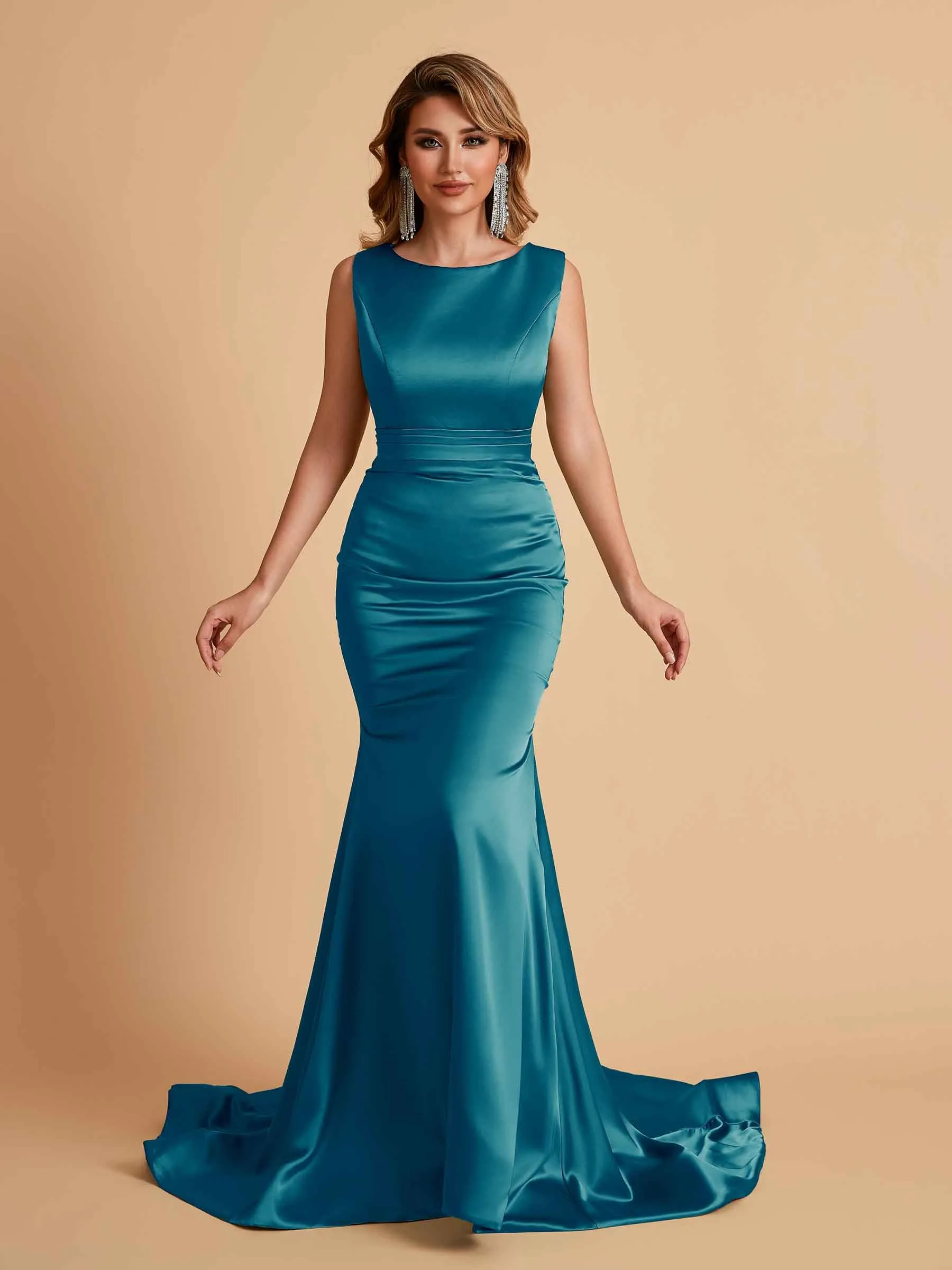 Elegant Satin Sleeveless Pleats Mermaid Bridesmaid Dresses Floor Length