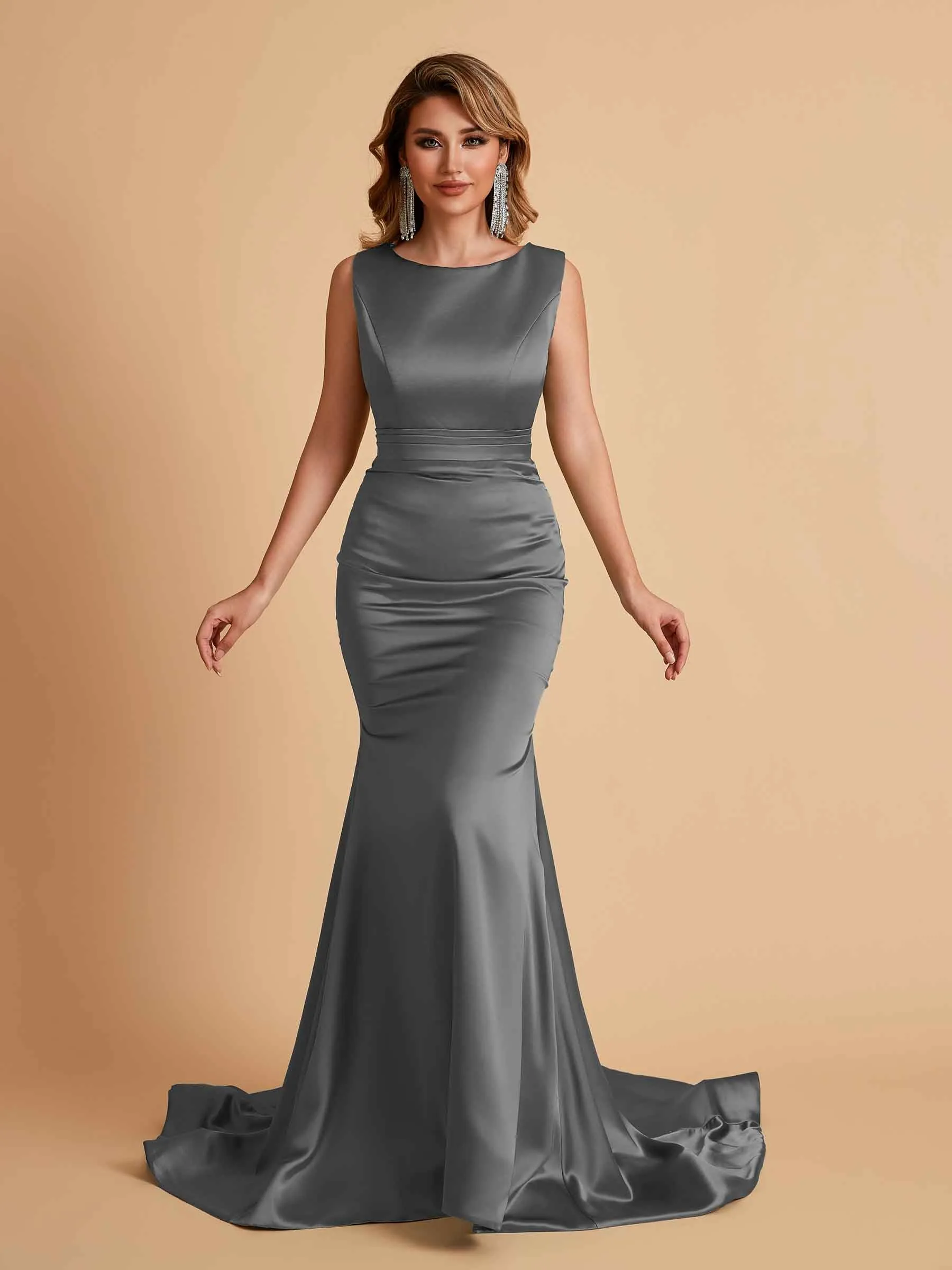 Elegant Satin Sleeveless Pleats Mermaid Bridesmaid Dresses Floor Length