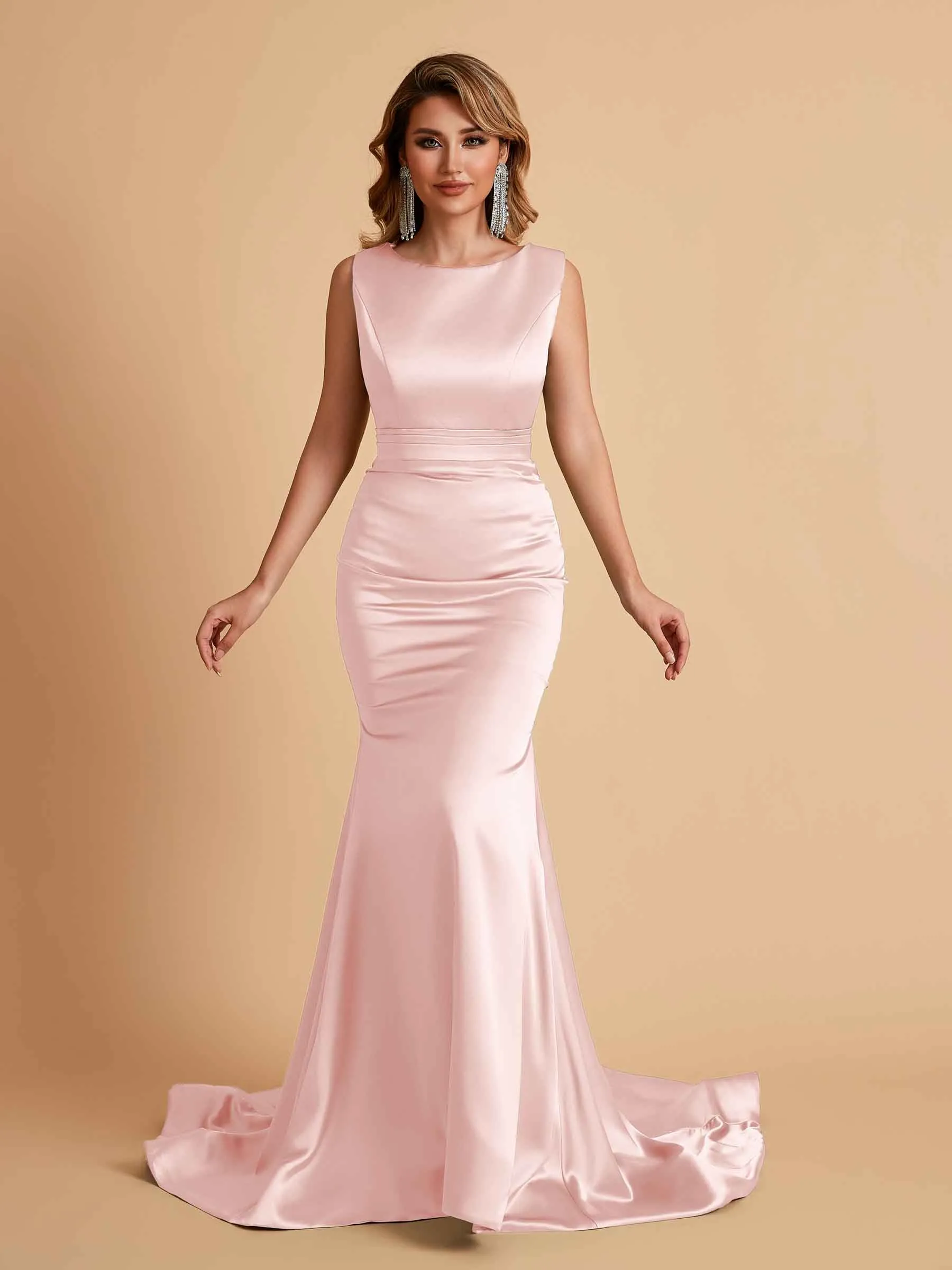 Elegant Satin Sleeveless Pleats Mermaid Bridesmaid Dresses Floor Length