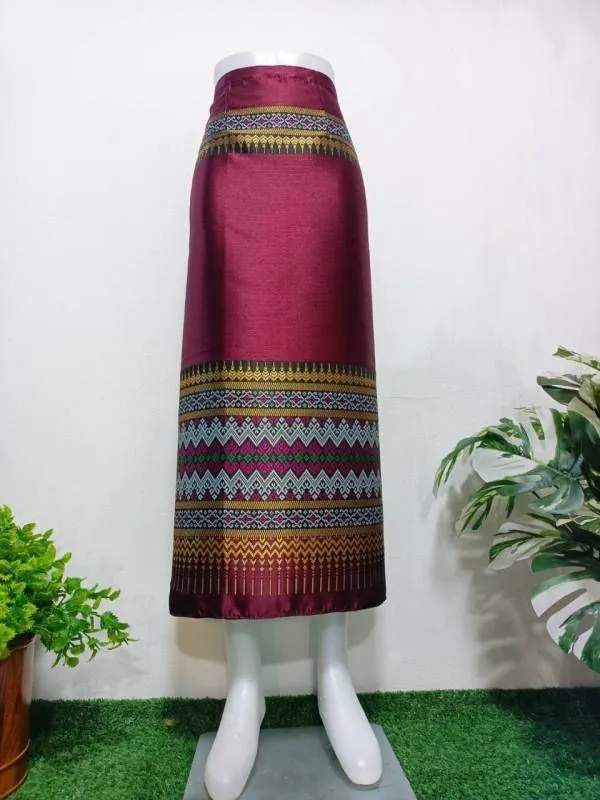 Elegant Thai/Laos Silk Long Skirt - Free Size Waist 24"- 44", 63-79 Traditional Thai Clothing, Thai Silk Skirt