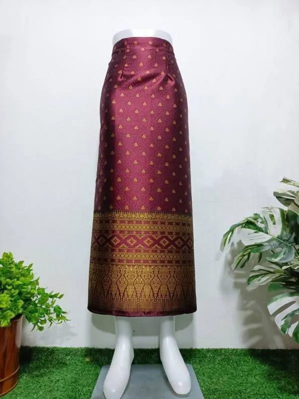 Elegant Thai/Laos Silk Long Skirt - Free Size Waist 24"- 44", 63-79 Traditional Thai Clothing, Thai Silk Skirt