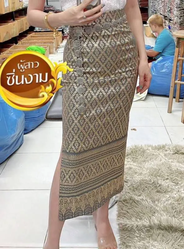 Elegant Thai/Laos Silk Long Skirt with Split - 01-24, Two Sizes Available, Fitted Skirts Size A25-30" & Size B30-40" Drop 35/36" Traditional Thai Clothing, Thailand Skirts and Dresses