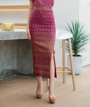 Elegant Thai/Laos Silk Long Skirt with Split - 01-24, Two Sizes Available, Fitted Skirts Size A25-30" & Size B30-40" Drop 35/36" Traditional Thai Clothing, Thailand Skirts and Dresses