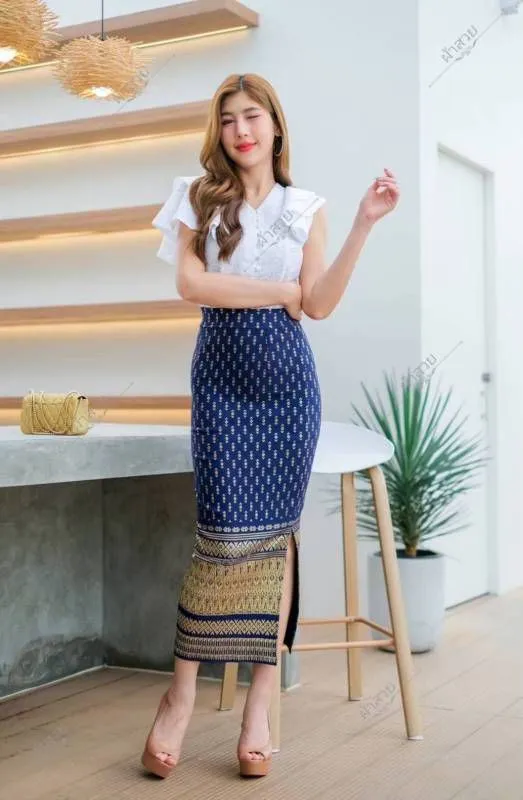 Elegant Thai/Laos Silk Long Skirt with Split - 01-24, Two Sizes Available, Fitted Skirts Size A25-30" & Size B30-40" Drop 35/36" Traditional Thai Clothing, Thailand Skirts and Dresses