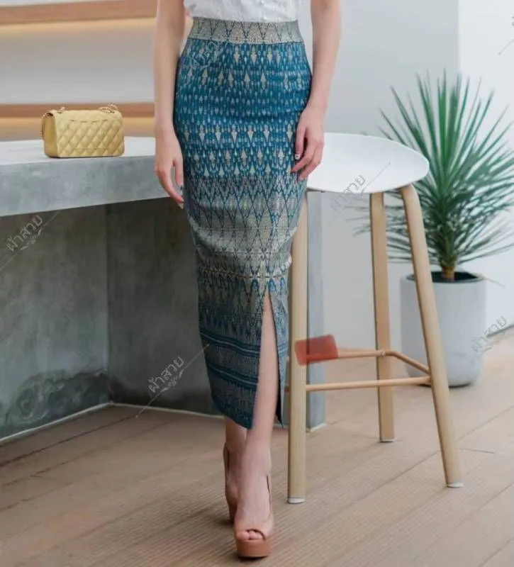 Elegant Thai/Laos Silk Long Skirt with Split - 01-24, Two Sizes Available, Fitted Skirts Size A25-30" & Size B30-40" Drop 35/36" Traditional Thai Clothing, Thailand Skirts and Dresses