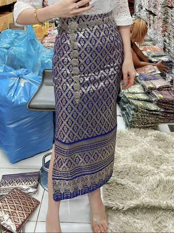 Elegant Thai/Laos Silk Long Skirt with Split - 01-24, Two Sizes Available, Fitted Skirts Size A25-30" & Size B30-40" Drop 35/36" Traditional Thai Clothing, Thailand Skirts and Dresses