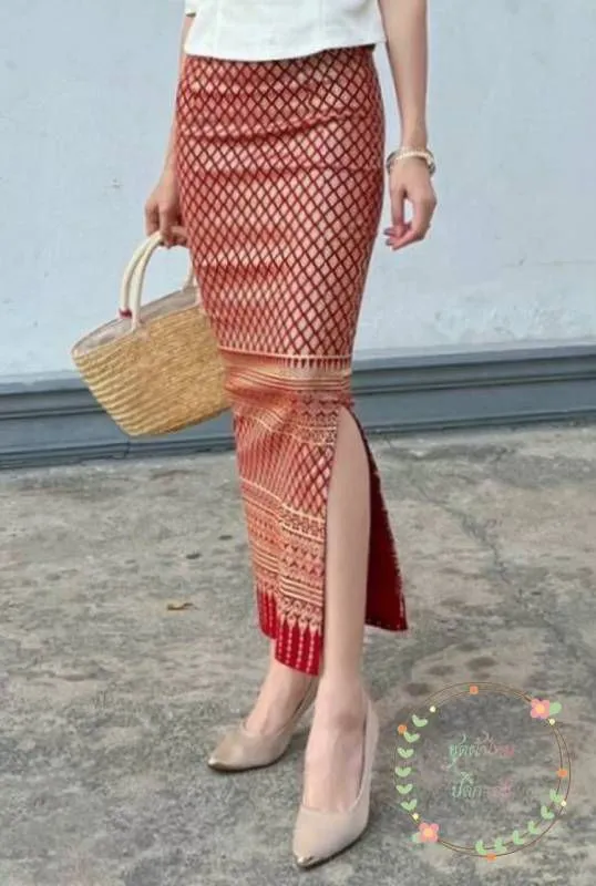 Elegant Thai/Laos Silk Long Skirt with Split - 24-45, Two Sizes Available, Fitted Skirts Size A25"-30" & Size B30"-40" Drop 35" Traditional Thai Clothing, Thai Sarong Skirt