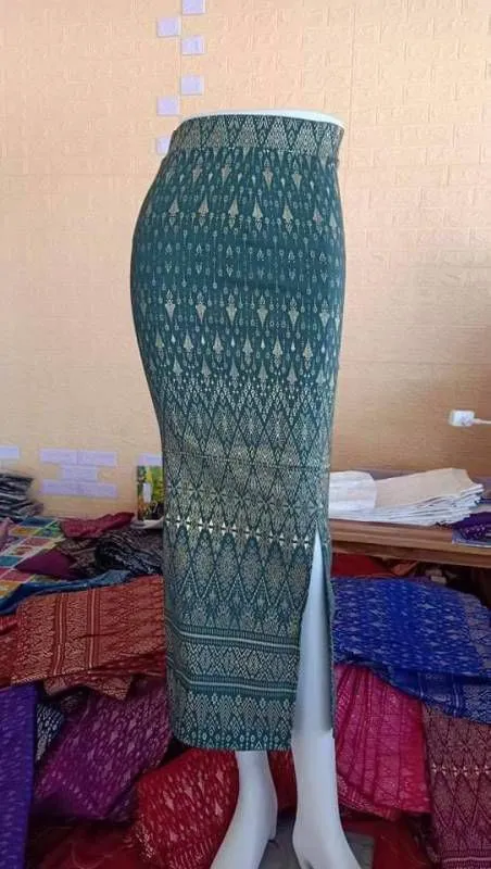 Elegant Thai/Laos Silk Long Skirt with Split - 24-45, Two Sizes Available, Fitted Skirts Size A25"-30" & Size B30"-40" Drop 35" Traditional Thai Clothing, Thai Sarong Skirt