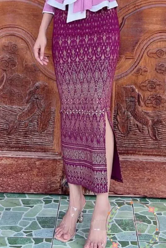 Elegant Thai/Laos Silk Long Skirt with Split - 24-45, Two Sizes Available, Fitted Skirts Size A25"-30" & Size B30"-40" Drop 35" Traditional Thai Clothing, Thai Sarong Skirt