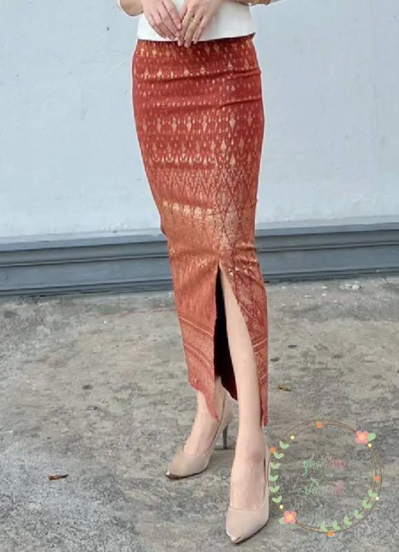 Elegant Thai/Laos Silk Long Skirt with Split - 24-45, Two Sizes Available, Fitted Skirts Size A25"-30" & Size B30"-40" Drop 35" Traditional Thai Clothing, Thai Sarong Skirt