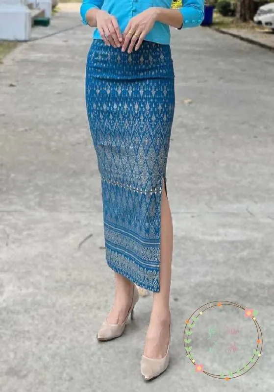 Elegant Thai/Laos Silk Long Skirt with Split - 24-45, Two Sizes Available, Fitted Skirts Size A25"-30" & Size B30"-40" Drop 35" Traditional Thai Clothing, Thai Sarong Skirt