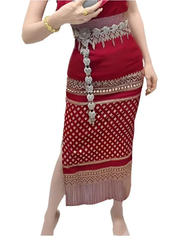 Elegant Thai/Laos Silk Long Skirt with Split - 24-45, Two Sizes Available, Fitted Skirts Size A25"-30" & Size B30"-40" Drop 35" Traditional Thai Clothing, Thai Sarong Skirt