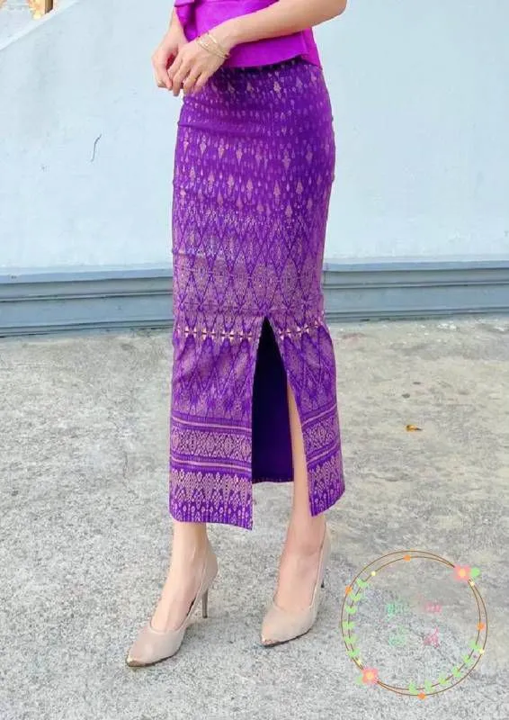Elegant Thai/Laos Silk Long Skirt with Split - 24-45, Two Sizes Available, Fitted Skirts Size A25"-30" & Size B30"-40" Drop 35" Traditional Thai Clothing, Thai Sarong Skirt