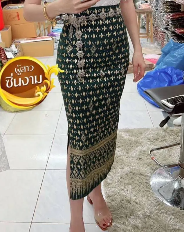 Elegant Thai/Laos Silk Long Skirt with Split - 24-45, Two Sizes Available, Fitted Skirts Size A25"-30" & Size B30"-40" Drop 35" Traditional Thai Clothing, Thai Sarong Skirt