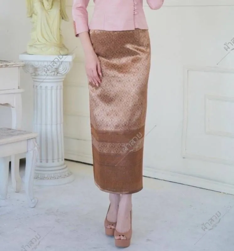 Elegant Thai/Laos Silk Skirt - Free Size Waist 24"- 44", 11-20 Traditional Thai Clothing, Thai Silk Long Skirts