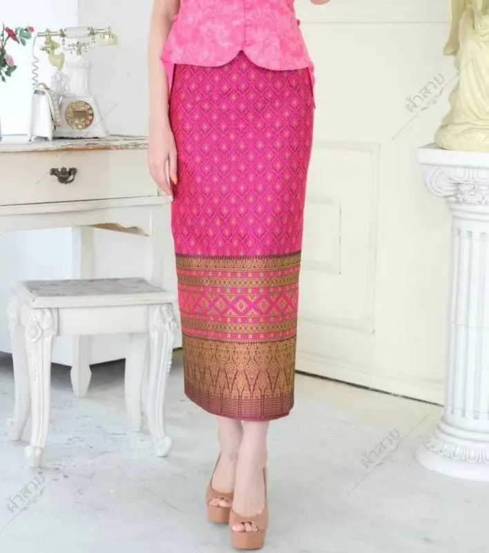 Elegant Thai/Laos Silk Skirt - Free Size Waist 24"- 44", 31-40 Traditional Thai Clothing, Thai Silk Long Skirts