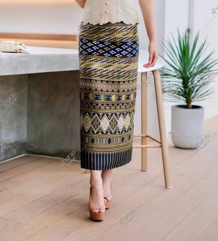 Elegant Thai/Laos Silk Skirt - Free Size Waist 24"- 44", 31-40 Traditional Thai Clothing, Thai Silk Long Skirts
