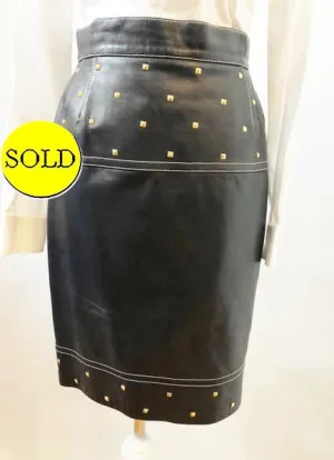 Escada Black Leather Gold Studded Skirt Size 40 De ( 10 Us)