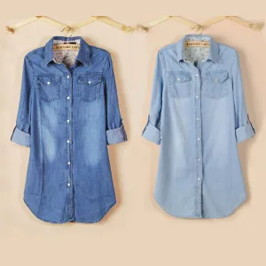Fashion Long Loose Cotton Denim Women Blouses Long Sleeve Shirts Women Tops Casual Clothing