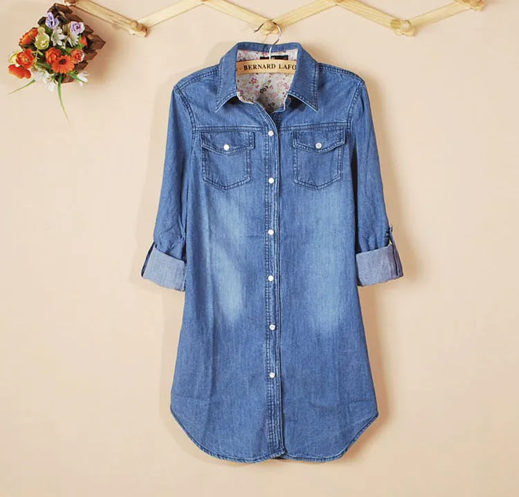 Fashion Long Loose Cotton Denim Women Blouses Long Sleeve Shirts Women Tops Casual Clothing