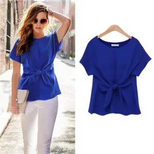fashion women kimono Bowknot blouses O-neck short sleeve shirts chiffon casual vintage tops plus size XXXXL blouse