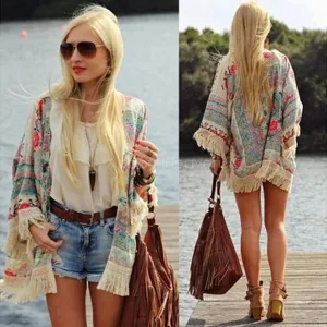 Fashion Women Kimono Cardigan Vintage Flower Printed Tassel Blouses Ladies Long sleeve Tops