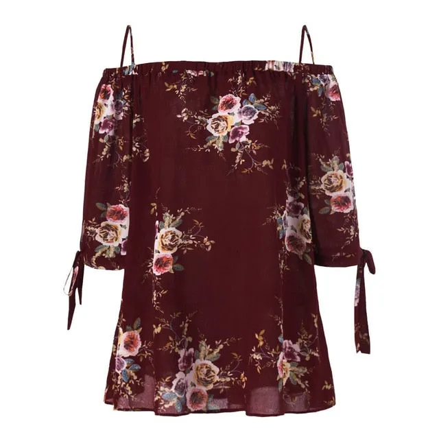 Fashion Women Strap Chiffon Cold Shoulder Lady Loose Shirt
