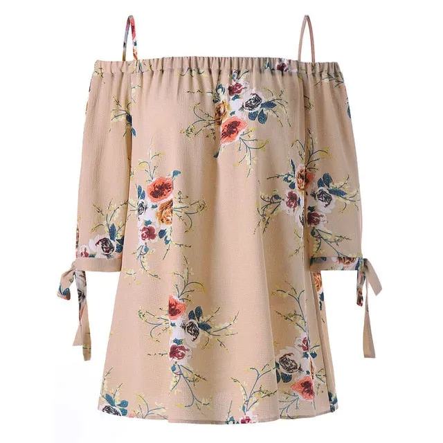 Fashion Women Strap Chiffon Cold Shoulder Lady Loose Shirt