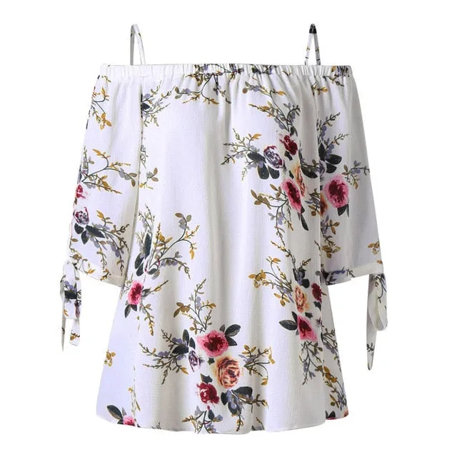 Fashion Women Strap Chiffon Cold Shoulder Lady Loose Shirt