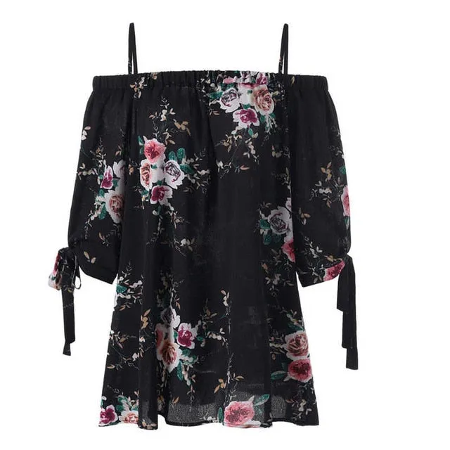 Fashion Women Strap Chiffon Cold Shoulder Lady Loose Shirt