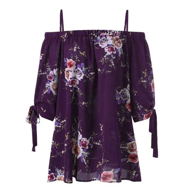Fashion Women Strap Chiffon Cold Shoulder Lady Loose Shirt
