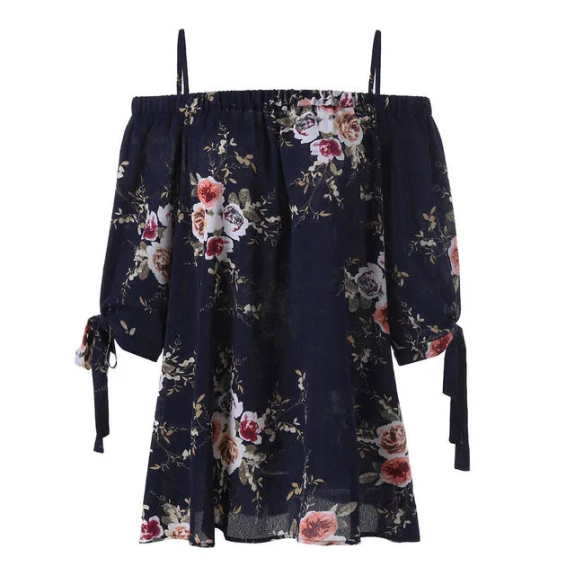 Fashion Women Strap Chiffon Cold Shoulder Lady Loose Shirt