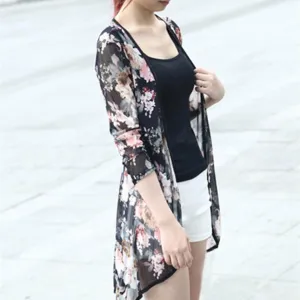 Fashion Women Stripe Printed Gauze Blouses Kimono Cardigan Coat Jacket Brand