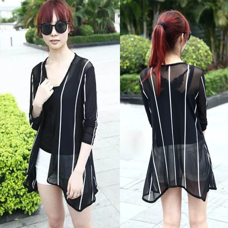 Fashion Women Stripe Printed Gauze Blouses Kimono Cardigan Coat Jacket Brand