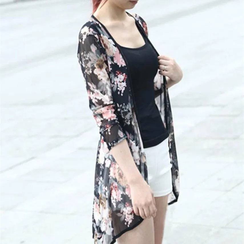 Fashion Women Stripe Printed Gauze Blouses Kimono Cardigan Coat Jacket Brand