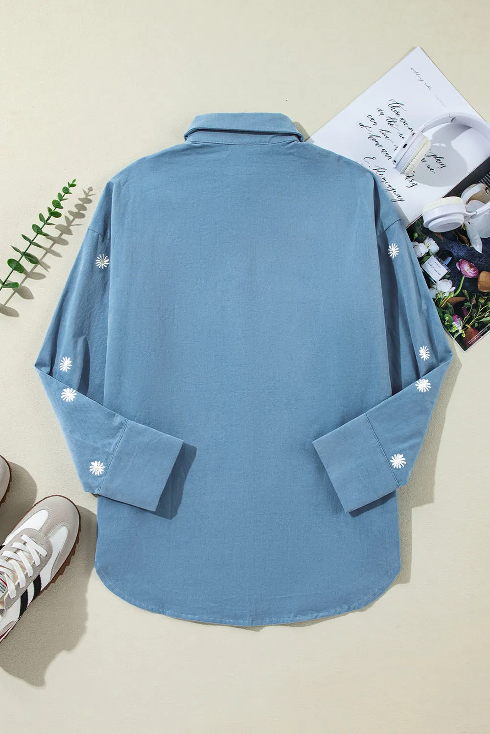 Floral Embroidered Curved Hem Tunic Shirt