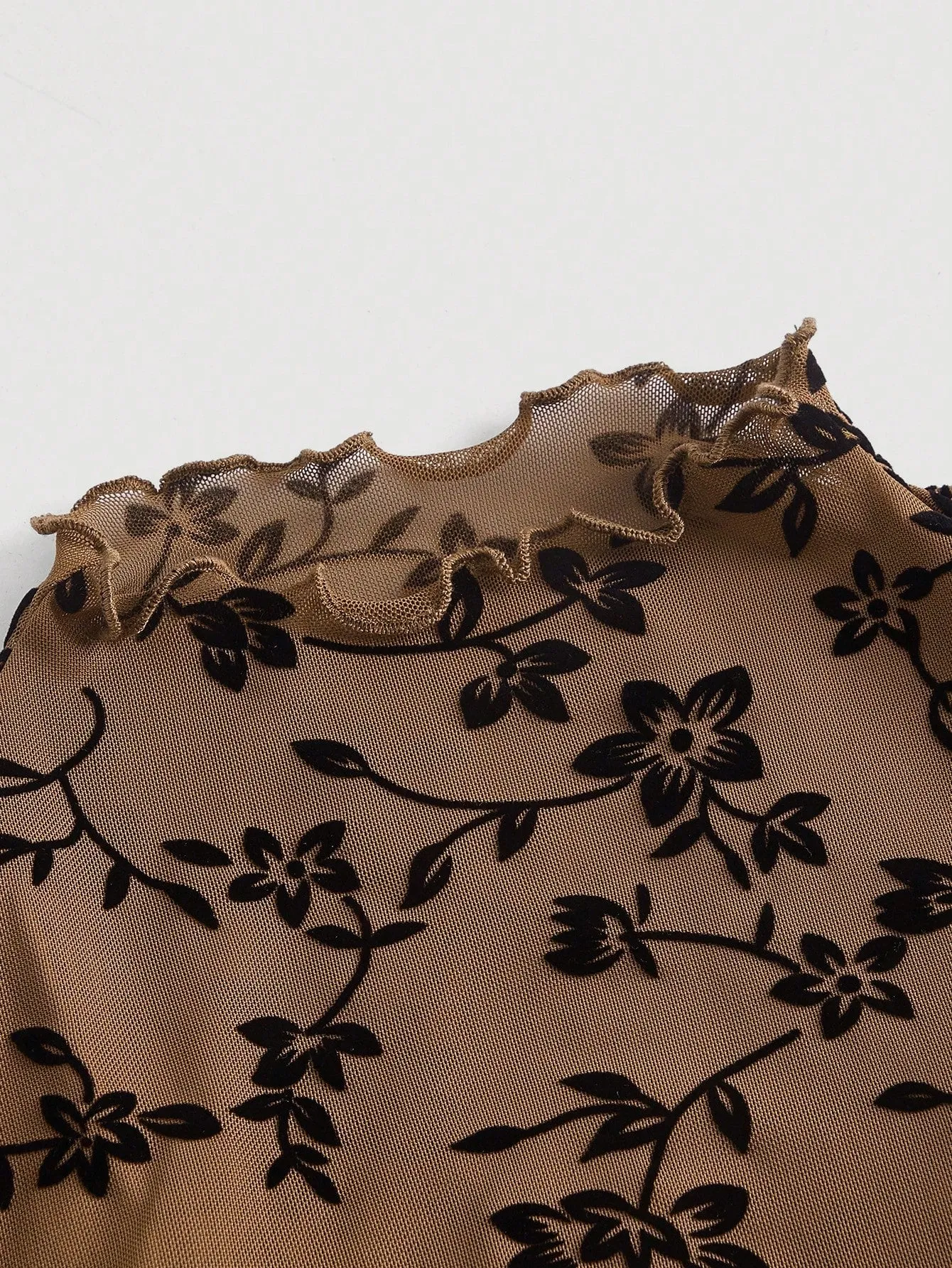 Floral Print lettuce trim mesh overlay Top