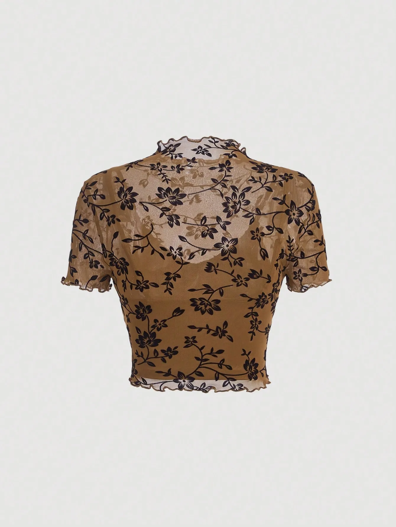 Floral Print lettuce trim mesh overlay Top