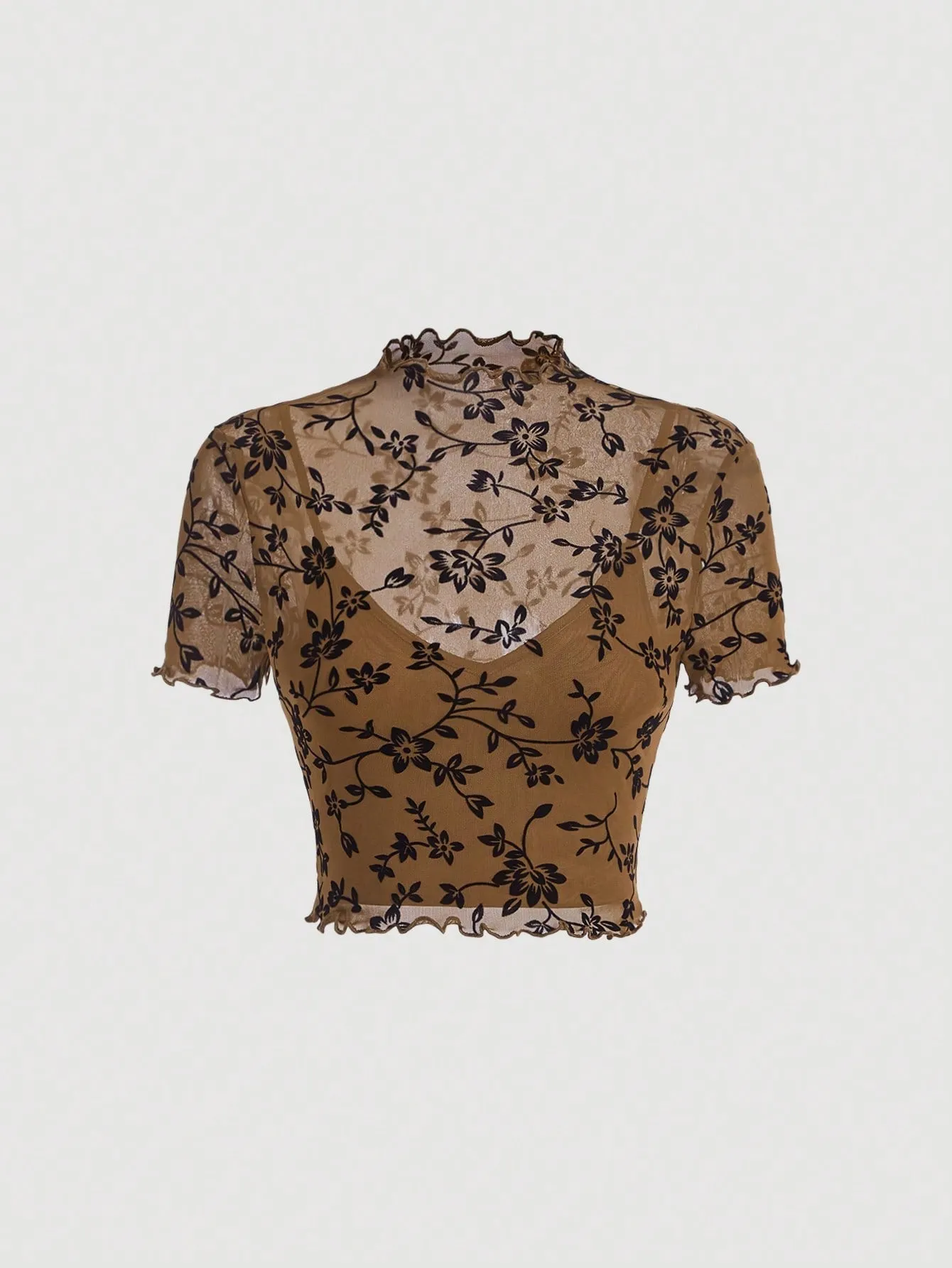 Floral Print lettuce trim mesh overlay Top