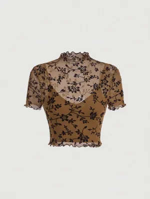 Floral Print lettuce trim mesh overlay Top