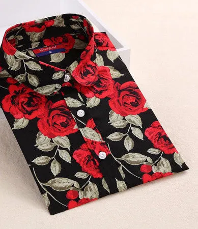 Floral Women Blouses And Shirts Women Cotton Office Female Blouse Long Sleeve Women's Shirt Turn-down Collar Clothes