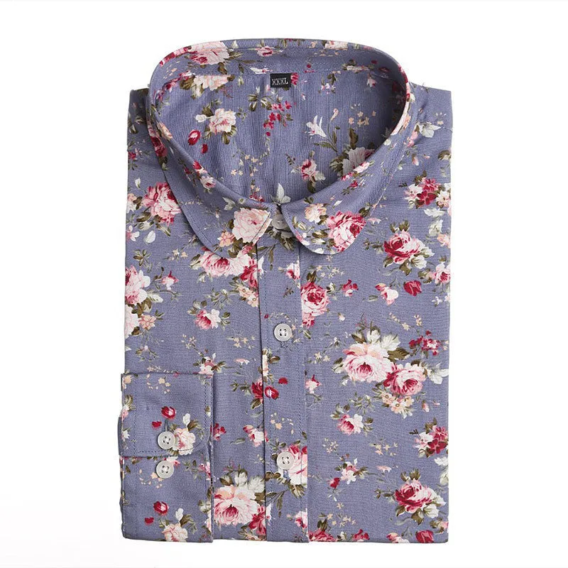 Floral Women Blouses And Shirts Women Cotton Office Female Blouse Long Sleeve Women's Shirt Turn-down Collar Clothes