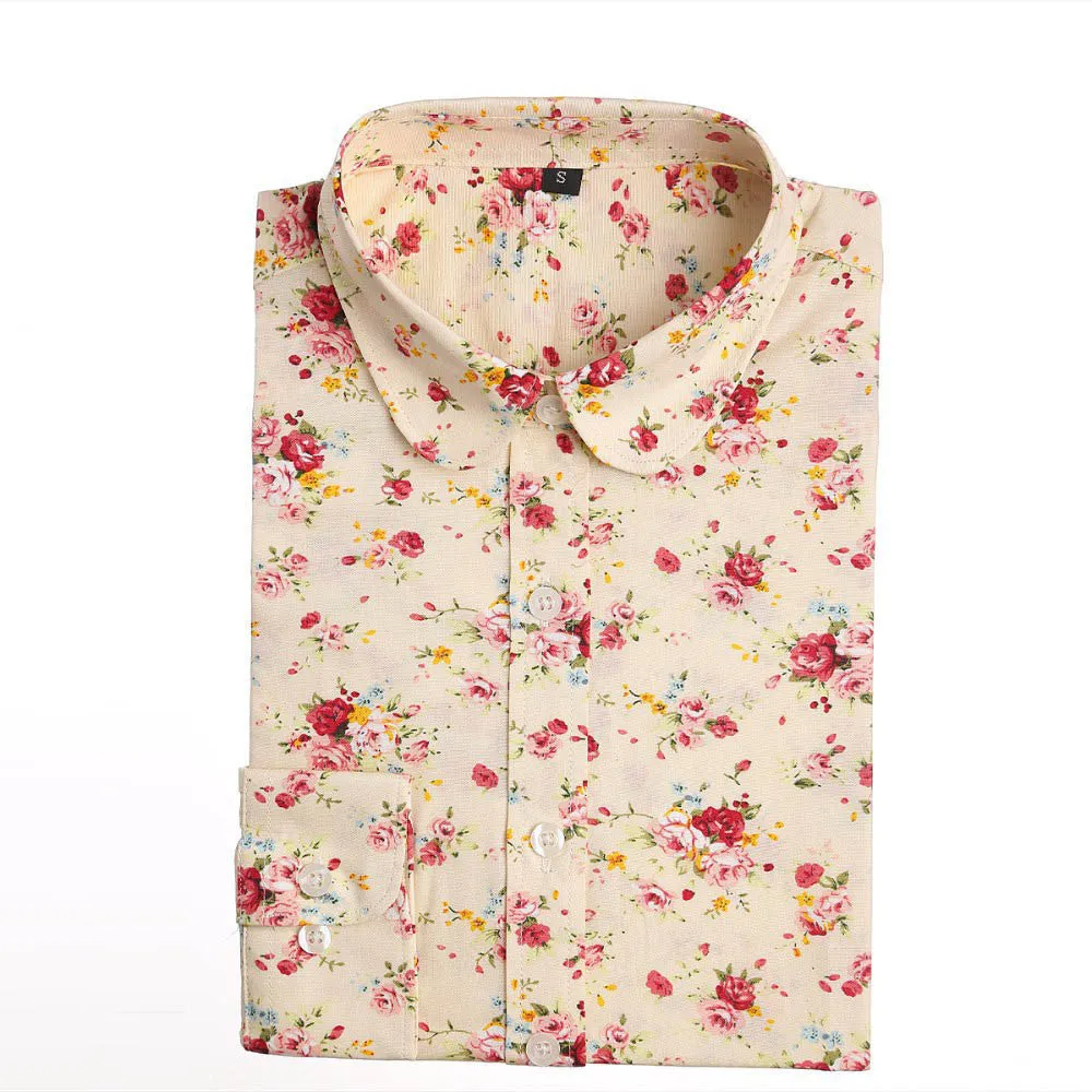 Floral Women Blouses And Shirts Women Cotton Office Female Blouse Long Sleeve Women's Shirt Turn-down Collar Clothes