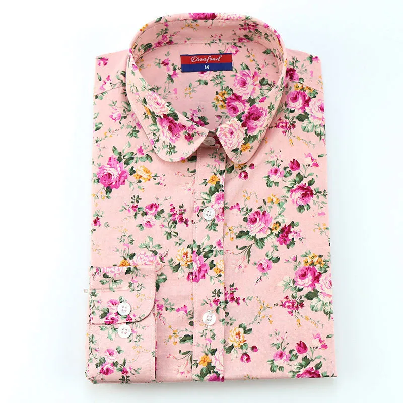 Floral Women Blouses And Shirts Women Cotton Office Female Blouse Long Sleeve Women's Shirt Turn-down Collar Clothes