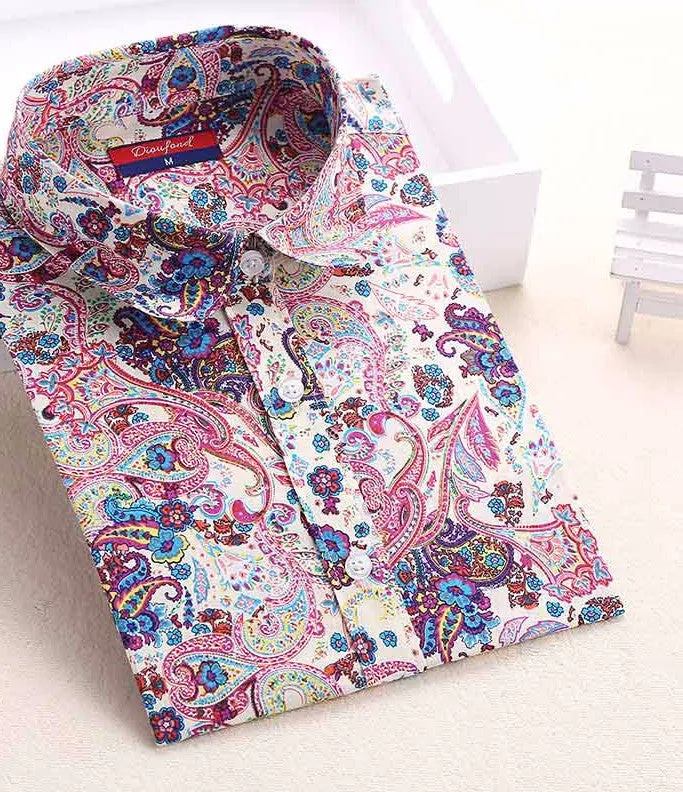 Floral Women Blouses And Shirts Women Cotton Office Female Blouse Long Sleeve Women's Shirt Turn-down Collar Clothes