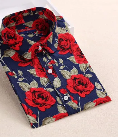 Floral Women Blouses And Shirts Women Cotton Office Female Blouse Long Sleeve Women's Shirt Turn-down Collar Clothes