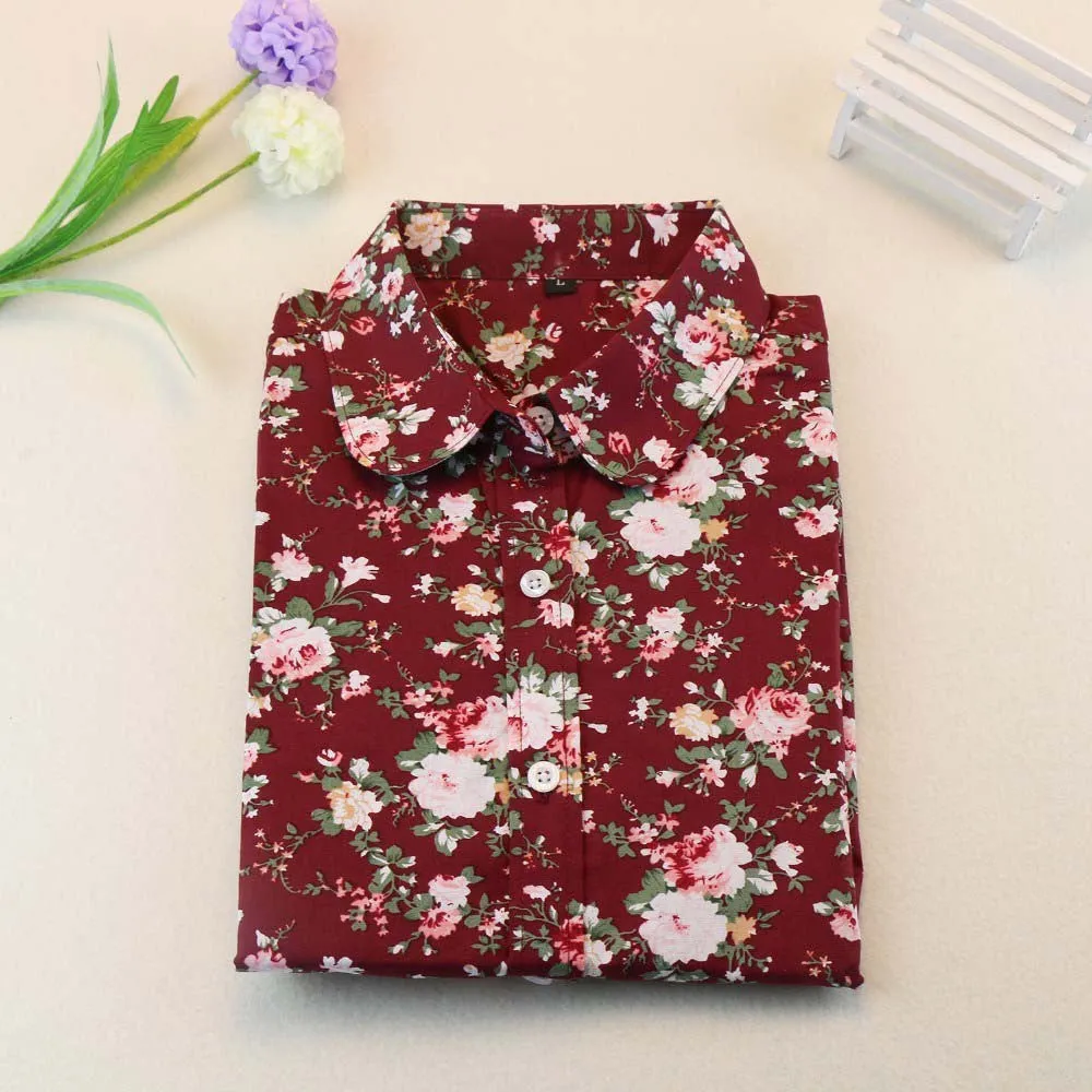 Floral Women Blouses And Shirts Women Cotton Office Female Blouse Long Sleeve Women's Shirt Turn-down Collar Clothes